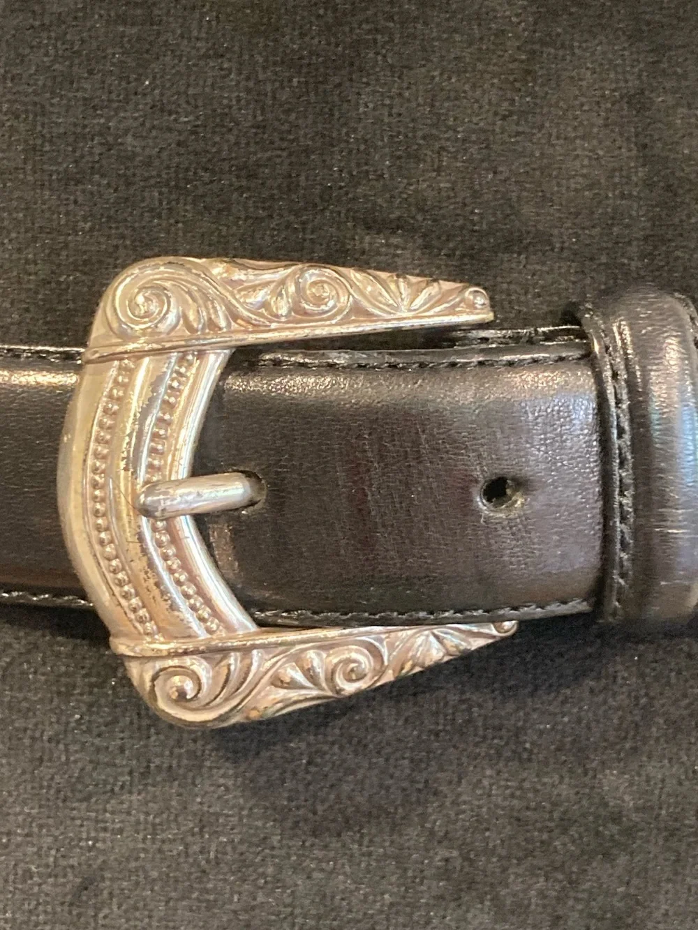Fossil Black Leather Western-Style Belt with Silver-Tone Heart Accents